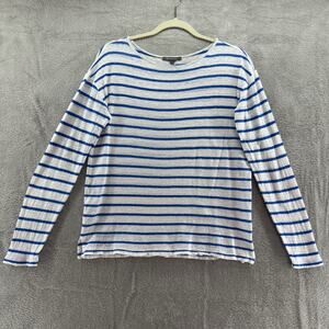 Michael Stars Top Women S White Blue Striped Linen Stretch Boat Neck Long Sleeve